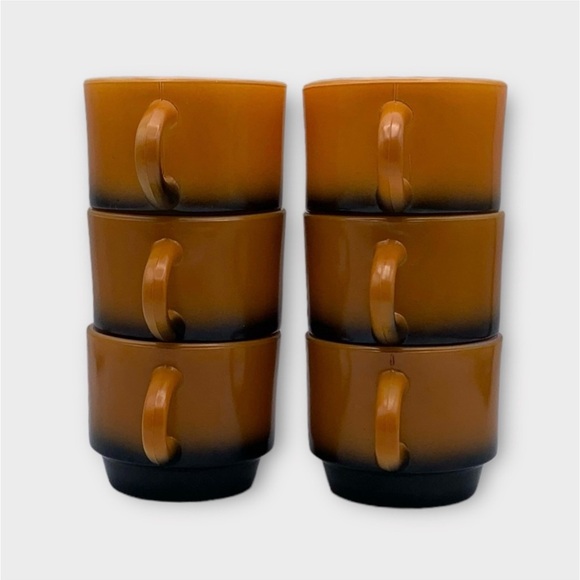 Vintage 60s Fire King Orange and Black Ombré Milk Glass Stackable Mugs set of 6 - Picture 11 of 15